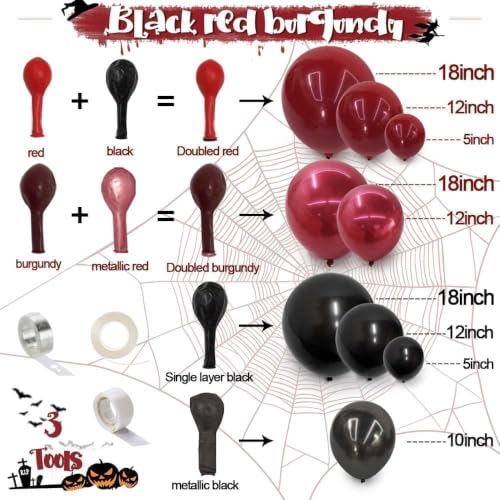 Double Stuffed Black Red Burgundy Balloon Garland Kit for Gothic Halloween Party - Variation: Black Red Burgundy