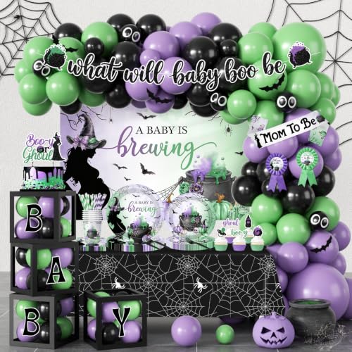Halloween Baby Shower Decorations Set with Plates Napkins Cups Banner & Backdrop - 288pcs