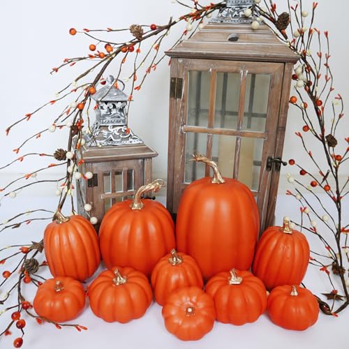 Assorted Dark Orange Artificial Pumpkins Set for Fall Decor - 10 Pcs