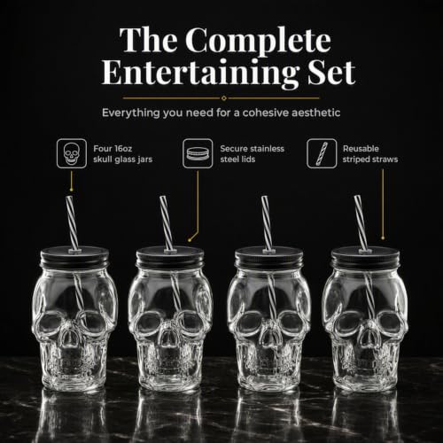 16oz Skull Mason Jar Mug Set with Cover and Straw - Spooky Drinkware