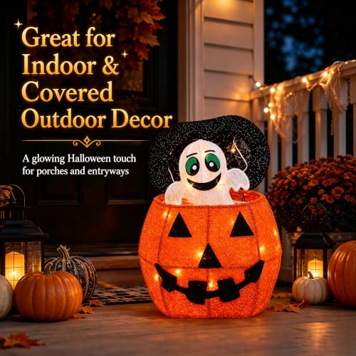Outdoor Lighted Pop-Up Ghost Gift Box - Halloween Decor with Moving Ghost (Orange)