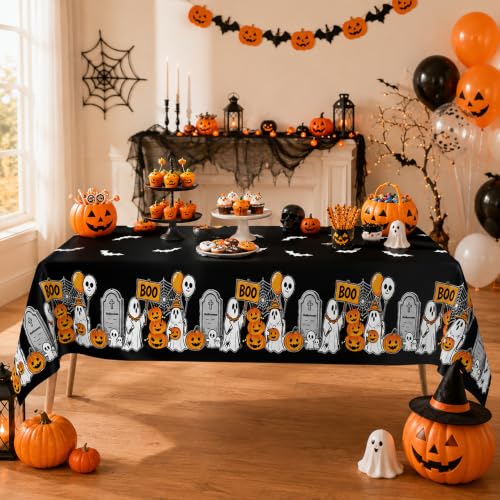 3 Pack Halloween Plastic Tablecloth - Black Ghost Pumpkin Design, 54x108 Inch
