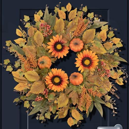 Fall Eucalyptus Wreath with Pumpkin Sunflowers & Leaves - 24 Inch Orange