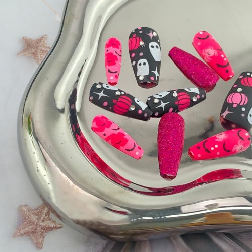 Halloween Press On Nails Medium Coffin Fake Nails with 3D Rhinestones and Spiders - Variation of Halloween Nails-5