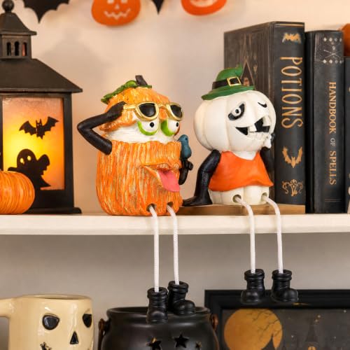 Halloween Pumpkin Shelf Sitter Figurines - Set of 2, Hand Painted Resin Decor