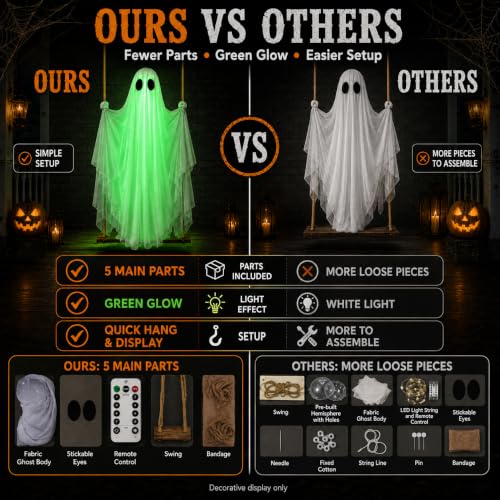 Green Lighted Hanging Ghost Decor with Remote Control - 5FT Outdoor Halloween Spirit