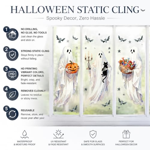 Halloween Ghost Window Clings Set - Large Static Stickers for Windows, Mirrors & Glass Doors - Variation: Halloween Style 14
