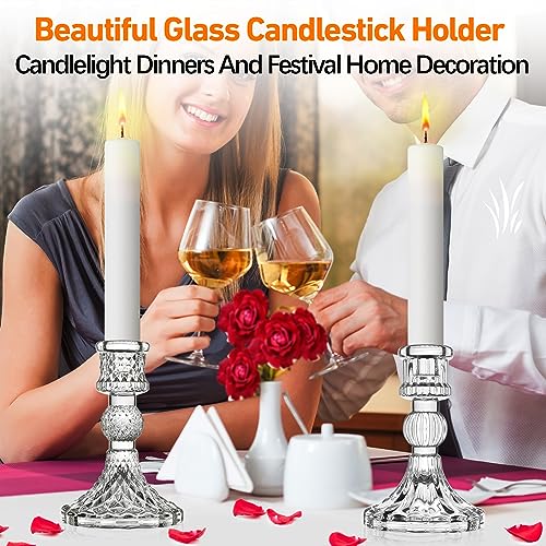 Clear Glass Candle Holders Set of 2 - Taper & Stripe Styles for Weddings & Events