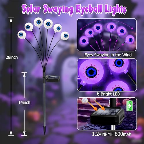 Kohlrabi Halloween Outdoor Decorations - Purple 4 Pack Solar Swaying Eyeball Lights