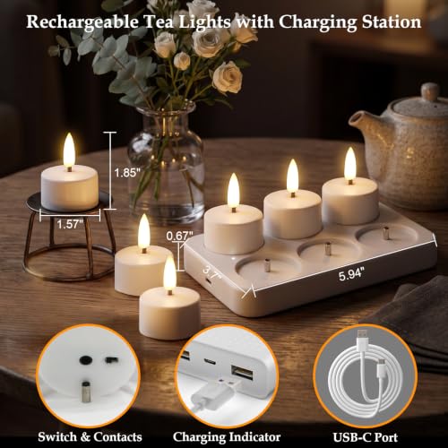 Rechargeable Tea Lights Candles with Remote & Charging Base - White 6-Pack