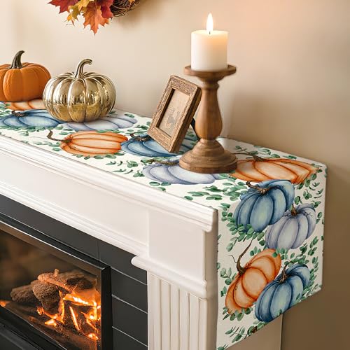 Artscope Fall Pumpkin Eucalyptus Leaves Table Runner 13x72 Inch - Orange Blue Thanksgiving Decor