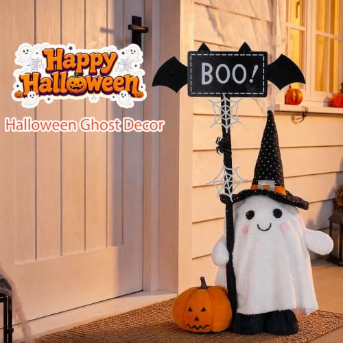Halloween Ghost Plush Decor with Adjustable Sign and Pumpkin - Indoor Outdoor Welcome Ornament