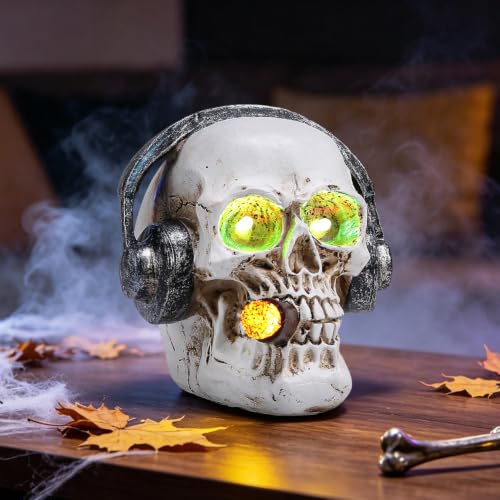 Halloween Skull Headphone Statue with LED Lighted Eyes - 4.7" Resin Decor