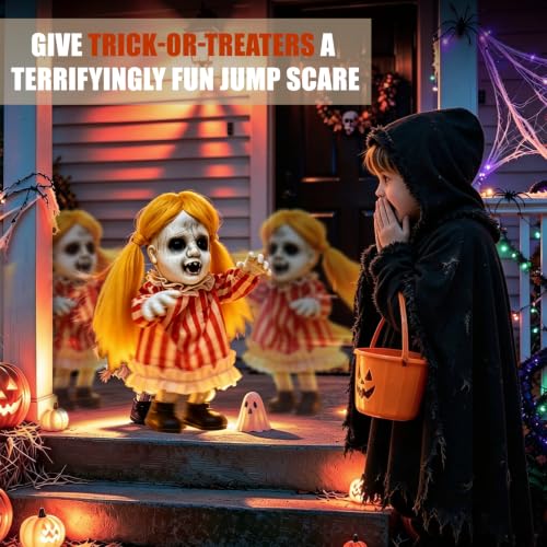 Sound Activated Halloween Girl Doll Animatronic - 13 Inch Spooky Moving Decor