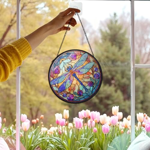 Dragonfly Suncatcher - Stained Glass Window Hanging Decor, 7.9 Inch Garden Wall Art