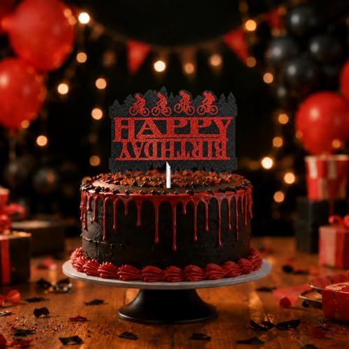 Black and Red Glitter Birthday Cake Topper for Themed Parties