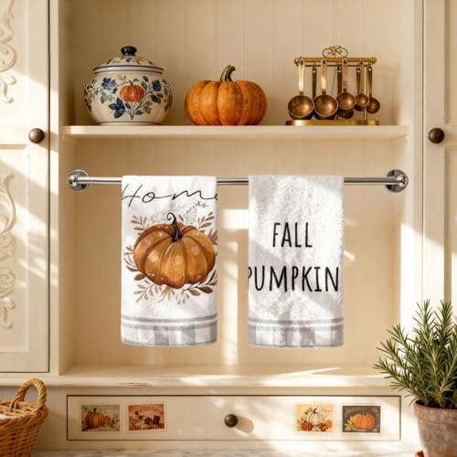 Fall Kitchen Towels Set of 4 - Pumpkin Buffalo Plaid Home Decor - Orange Pumpkin