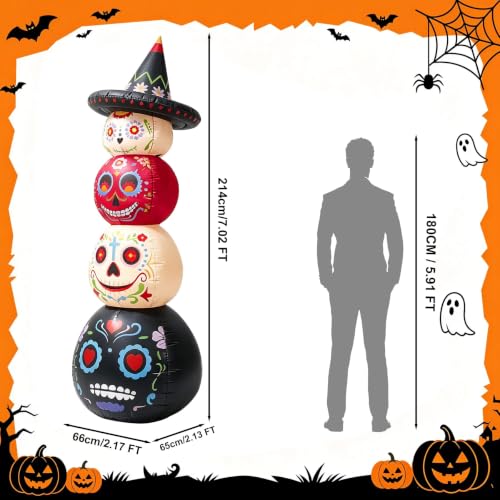 7 Ft Halloween Inflatable Decor with LED Lights, Day of the Dead Sugar Skull Tower