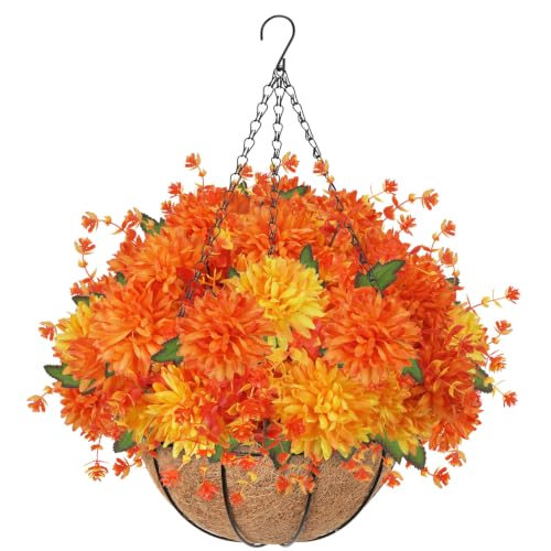Orange Fall Hanging Basket with Artificial Mums for Outdoor Porch Decor