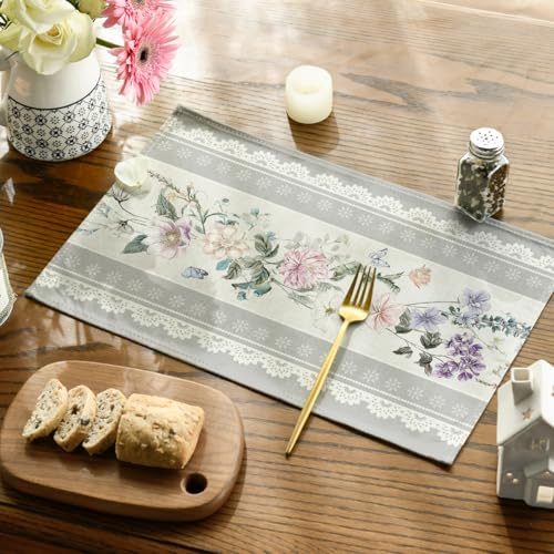 Rectangular 12 x 18 Inch Grey Floral Lace Placemats Set of 4 - Spring Summer Holiday Table Decor