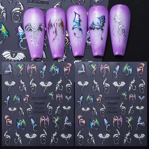 Halloween 5D Embossed Nail Art Stickers - Silvery Bat & Dragon Pattern - Q2 Variation