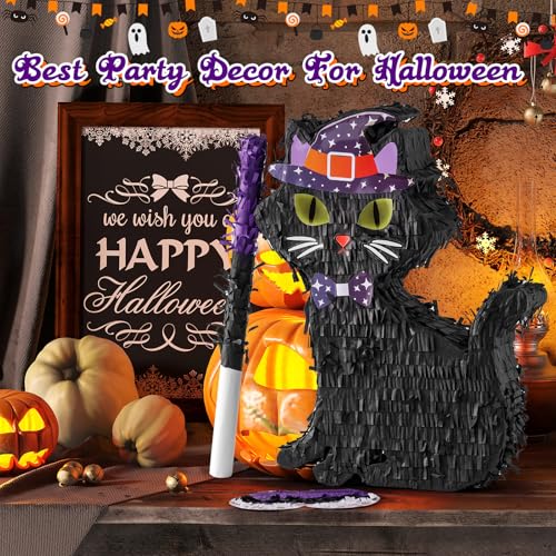 Halloween Cat Piñata with Blindfold and Stick - Black Cat Party Decor