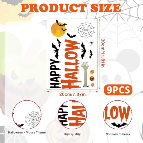 Halloween Mouse Window Clings - Ghost and Pumpkin Decor, 9 Sheets, Reusable Static Clings for Glass Doors & Windows - Halloween Party & Classroom Decorations