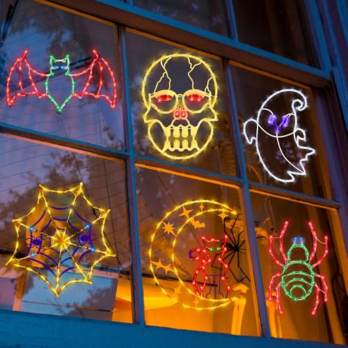 16-Inch Halloween Window Silhouette Lights with Spider Web, Ghost, Bats, Skull, Cat on Moon - 6 Pack