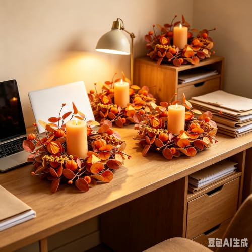Mini Fall Pumpkin Candle Ring Wreaths - 4 Pcs Autumn Eucalyptus & Berries - Farmhouse Thanksgiving Decor