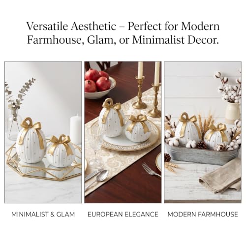 White and Gold Pumpkin Decor Set - 2 Fall Thanksgiving Figurines