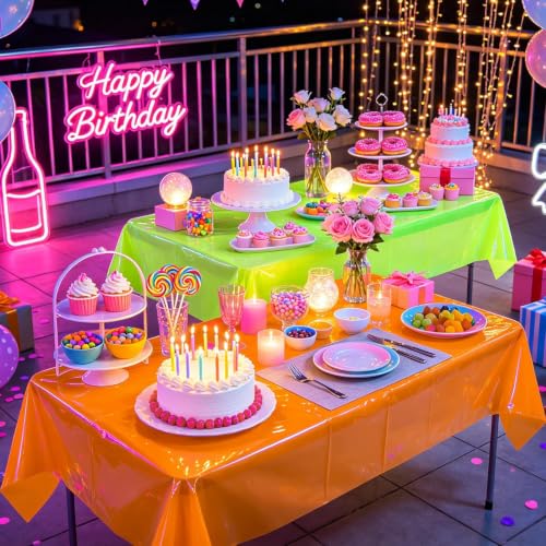 Neon Rainbow Tablecloths - 6 Pack Glow in the Dark Plastic Party Table Cover - Variation: Rainbow