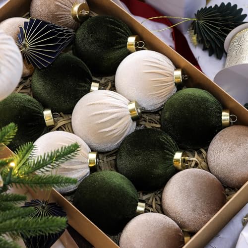 15Pcs Velvet Christmas Ornaments Set - Dark Green, Champagne, Kaki - Shatterproof Holiday Decorations