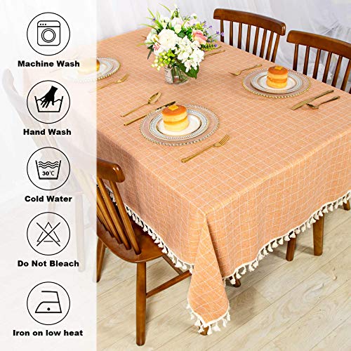 Coral Gingham Tablecloth 55x102 Inches Embroidered Cotton & Polyester Farmhouse Decor