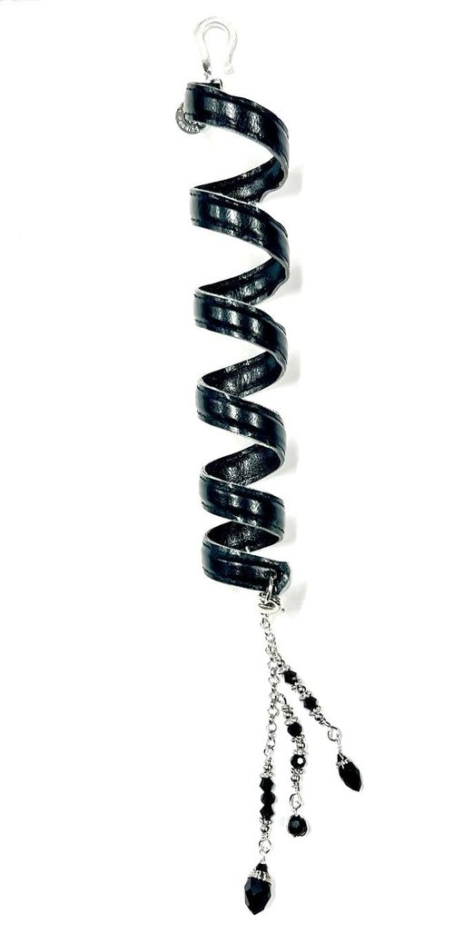 6-Inch Black Leather Hair Spiral Wrap – Decorative Beaded Chain Accessory for Ponytails, Braids, and Dreadlocks – Unisex Festival & Biker Style