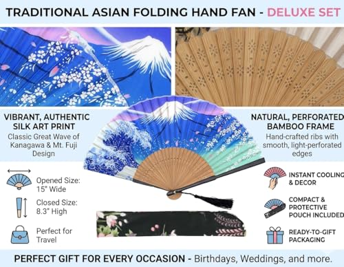 Night Edition Foldable Hand Fan for Women - Vintage Bamboo Silk Fan with Tassel & Pouch