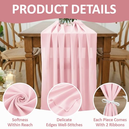 10ft Chiffon Table Runner Set - Dusty Rose 10 Pieces with Ribbons for Weddings