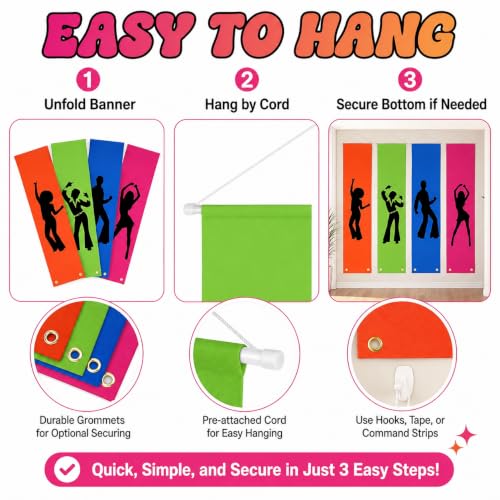 Disco Party Decorations Neon Hanging Banners - 4 Pack, 59 x 15.7 Inches