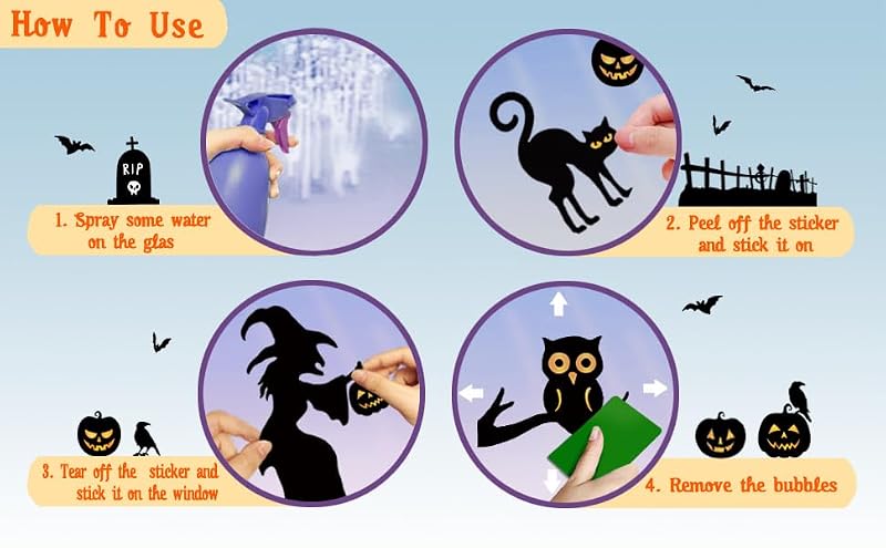 Halloween Window Clings - Reusable Indoor Decor with Ghost, Skeleton & Bats, 8 Sheets