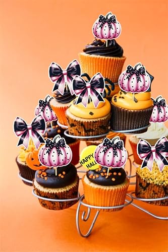 Halloween Cupcake Toppers Set - Pumpkin & Bow Cake Decorations, 36 Pcs
