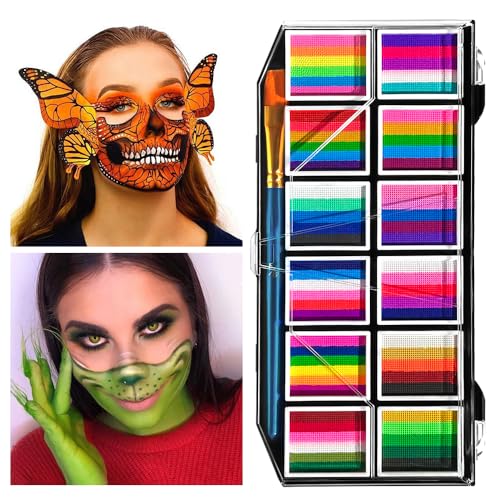 12-Panel Water-Activated Face & Body Paint Palette - Non-Toxic Rainbow Makeup for Halloween & Events