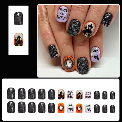 Halloween Press On Nails Short Square Fake Nails with Variation 26 Black Blue