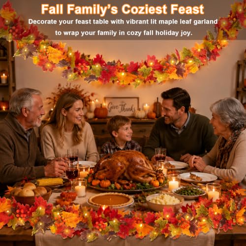 Fall Garland with Lights - 11.8ft Maple Leaf Wreath for Autumn Decor