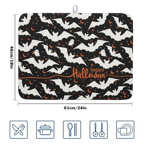 Halloween Drying Mat for Kitchen Counter 18x24 Inches Bat Design - Spooky Bat Dish Pad with Absorbent Microfiber