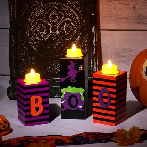 Halloween Wood Candle Holders Set - 3PCS with LED Tea Lights & 3D Carving - Witch Color