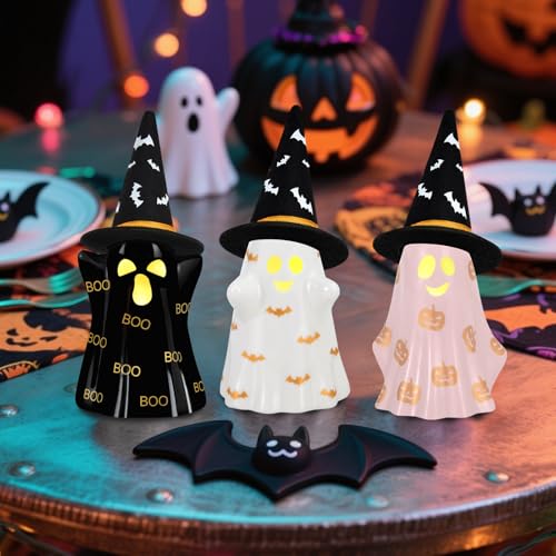 Ceramic Halloween Ghost Decorations Set of 3 with Witch Hats Lighted Indoor Decor