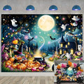 Halloween Cartoon Backdrop Full Moon Night Magic Cauldron Bat Forest Kids & Adults 8x6FT