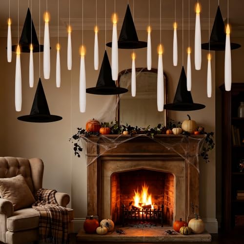 Halloween Flameless Floating Candles Set with Wand Remote & Witch Hats