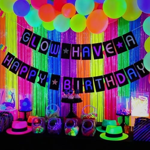 Glow in The Dark Neon Rainbow Foil Fringe Curtain - Party Backdrop & Decor