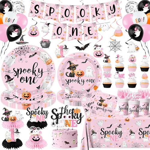 Pink Halloween First Birthday Party Decorations Set for Girl - Spooky Theme, Serves 24