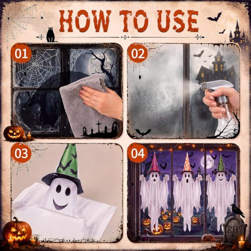 Halloween Ghost Window Clings Set - Large PVC Decals with Witch Hats, Bats & Pumpkins